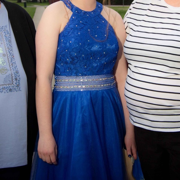 gorgeous blue, high neck,grade 8 dress, with sliver jewels - Picture 2 of 2